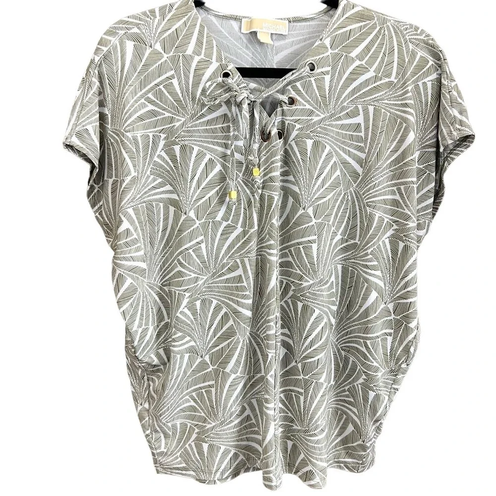 Michael Kors Women Small Top Lace Up V-Neck Green White Palm Fan Geometric Print - Picture 1 of 5